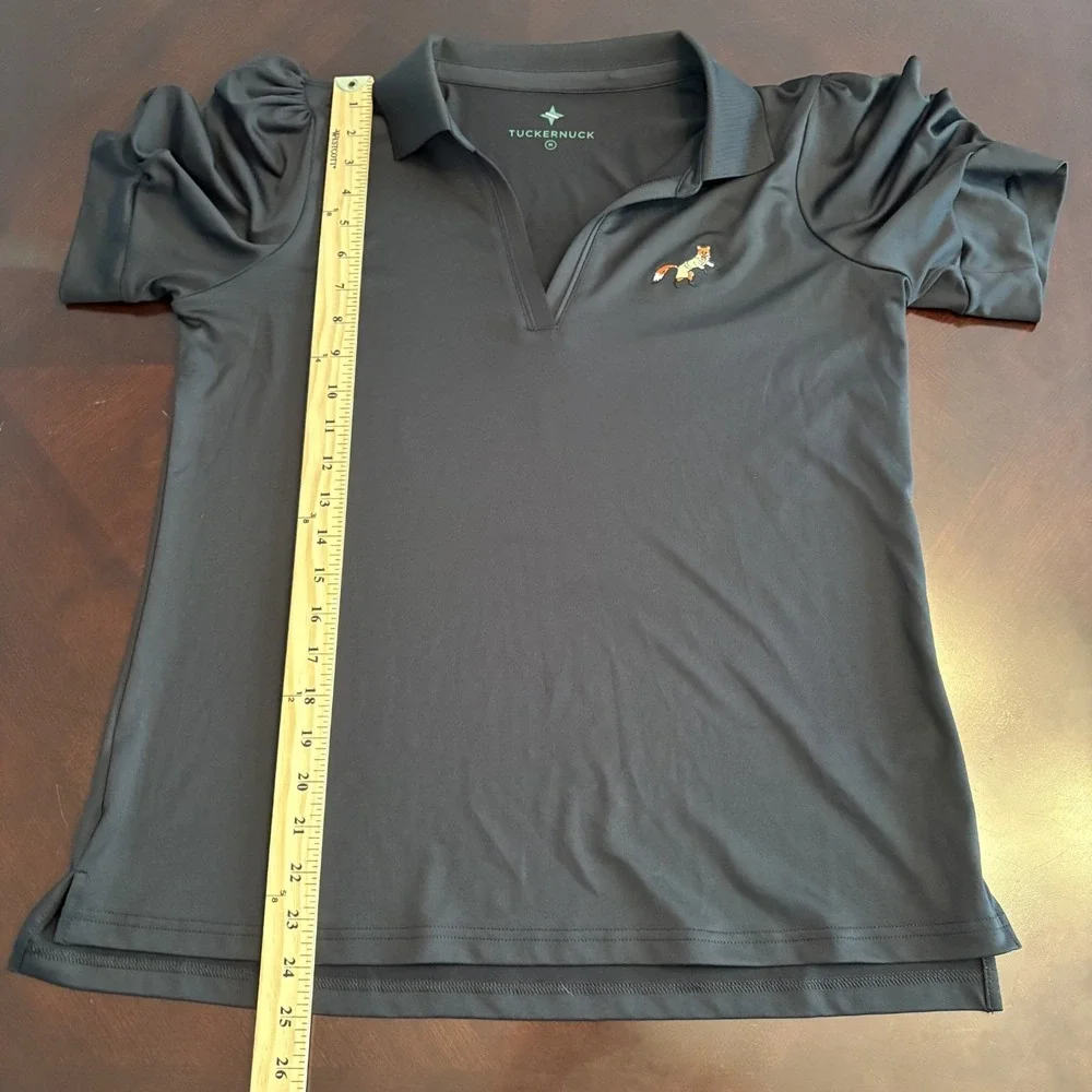 Tuckernuck Peggy Puff Sleeve Polo Top Black Size M River Bend Golf Club Fox Logo